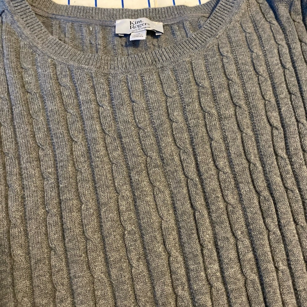Kim Rogers Grey Cable Knit Button Shoulder 100% Cotton Crew Neck Sweater Size XL